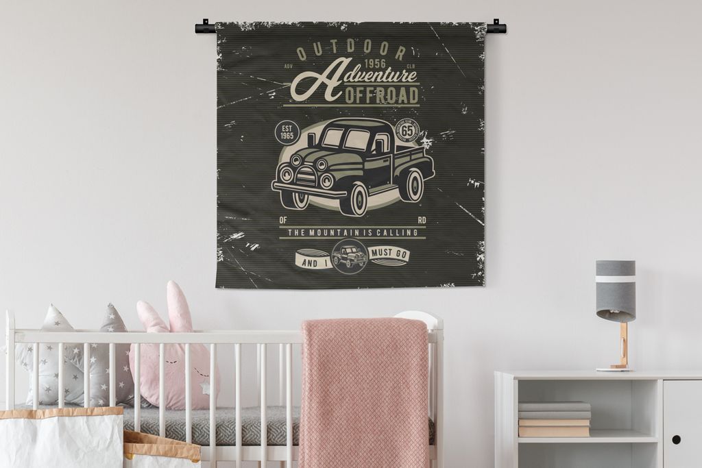 MuchoWow Wandteppich Wandbehang Auto - Retro - Briefe - Zeichnung 90x90 cm Tapisserie Dekoration Wandtuch - Wandaufhänger
