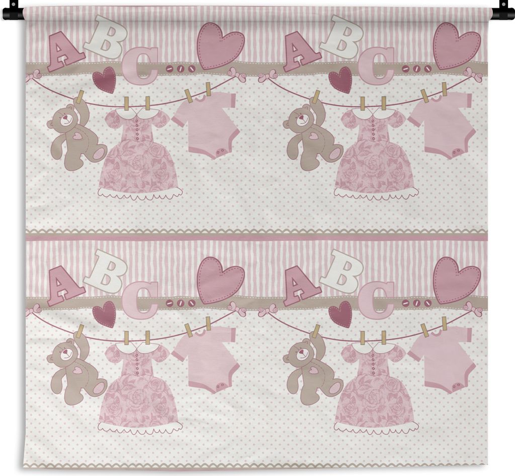 MuchoWow Wandteppich Wandbehang Babykleidung - Mädchen - Teddybär - Wäscheleine - Design 150x150 cm Tapisserie Dekoration Wandtuch - Wohnacces...