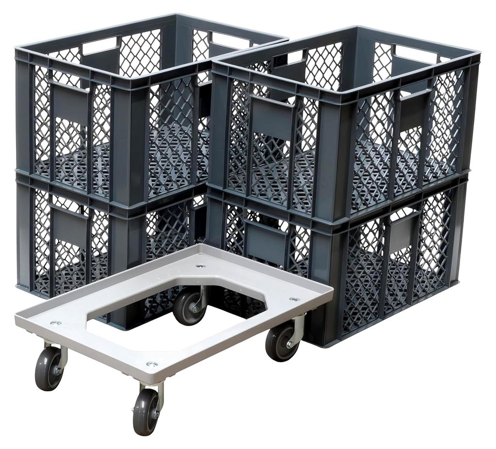 Logiplast 4 Stück Brotkisten 600 x 400 x 320 mm in Grau + 1 Transportroller in Grau