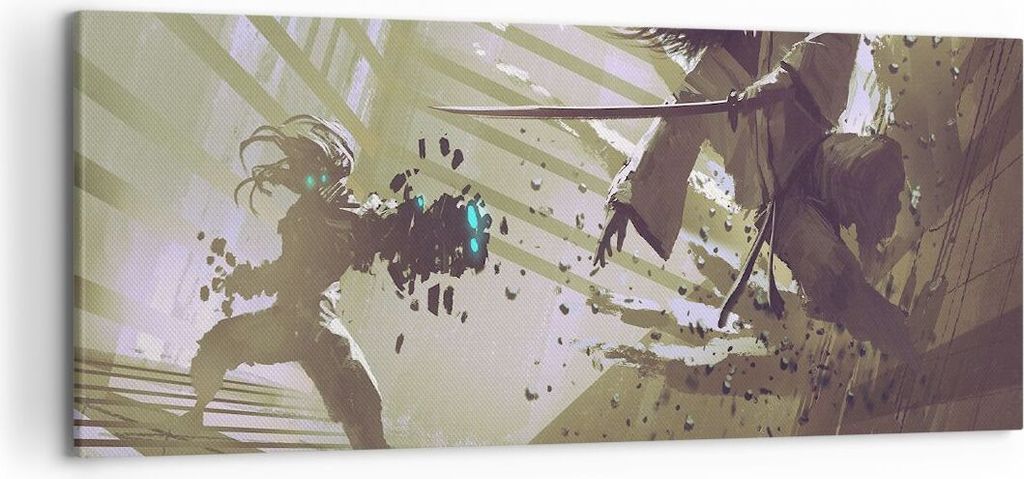 Bild auf Leinwand - Leinwandbild - Roboter Samurai Schwert Kämpfen - 120x50cm - Wand Bild - Wanddeko - Leinwanddruck - Bilder - Kunstdruck - Leinw...