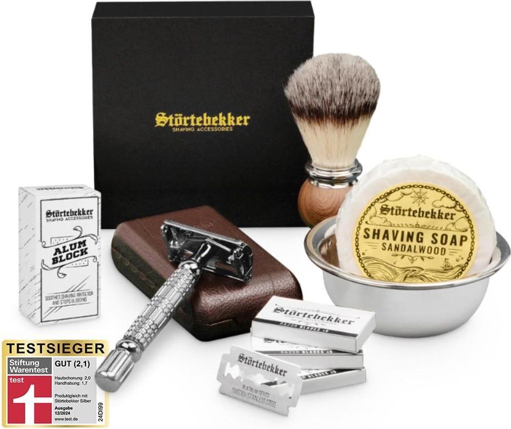 Störtebekker Premium Rasierset - Rasierhobel Silber – inkl. Echtlederetui (Café) - Rasierseife Sandelholz Duft - Rasurset / Bartpflege Set
