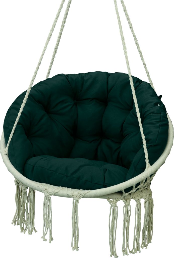 A hanging chair cushion with fringe detail.