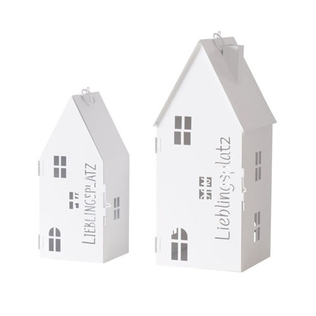 Two white metal house-shaped lanterns are displayed against a white background.