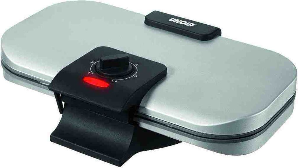 A silver and black waffle maker is shown on a white background.