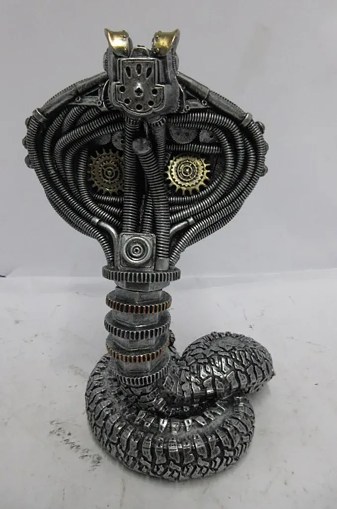 Sculpture Cobra Steampunk en Résine Argent 30cm - Détails Mécaniques