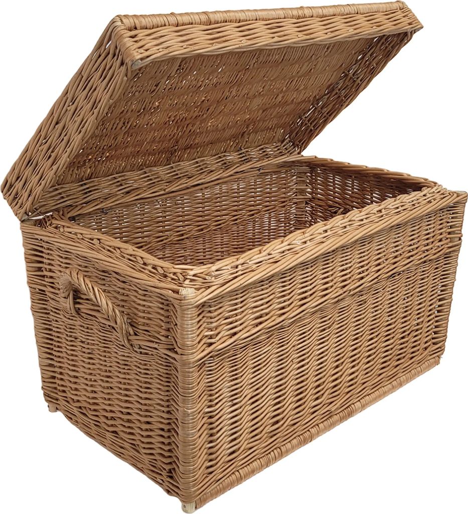 A wicker chest with its lid open, shown against a white background.