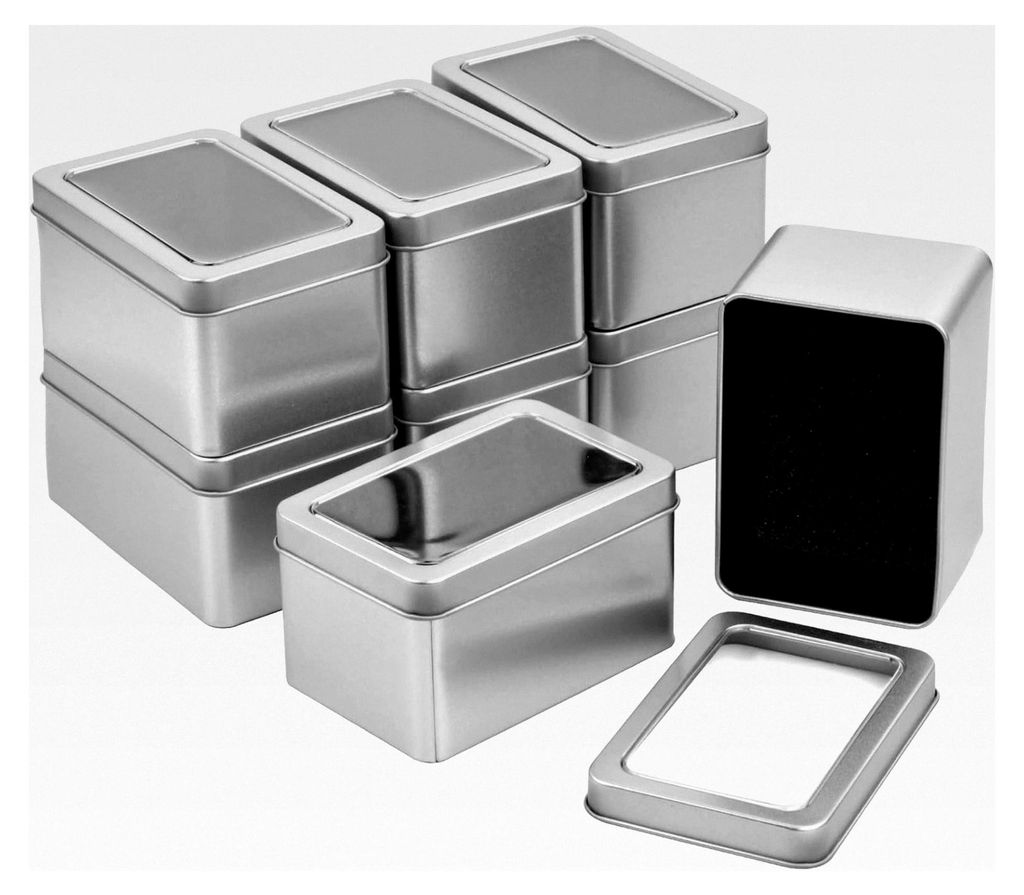 8 Stück Kleine Aufbewahrungsbox mit Deckel, rechteckige Metallbehälter, Mini-Behälter mit klarem Fensterdeckel, silberner Organizer ohne Scharni...