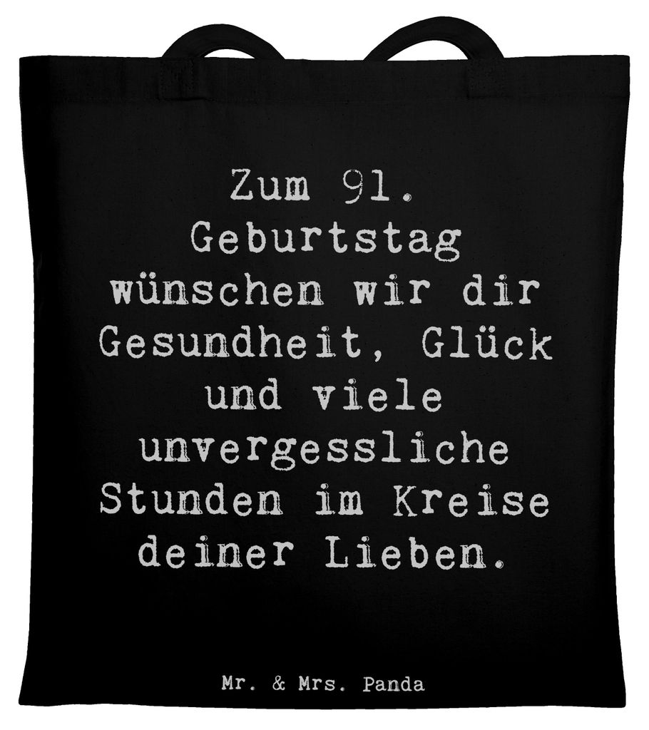 Mr. & Mrs. Panda Jutebeutel Spruch 91. Geburtstag Wünsche - Schwarz - Geschenk, kostbar, Alles Gute, Alter, Beutel, Shopping Tasche, Glückwunsch,...