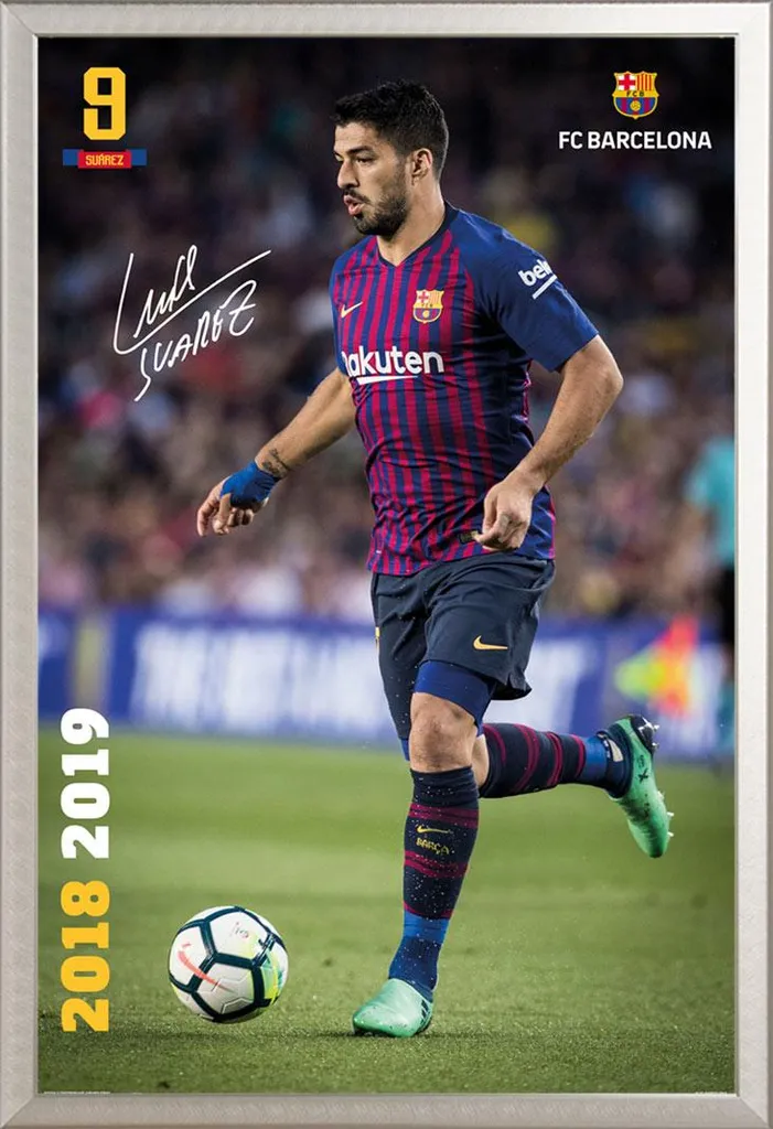 Calcio - Poster - Barcellona, FC - Suarez - Azione 18/19 + cornice rimovibile, Shinsuke® Maxi alluminio argento, vetro acrilico