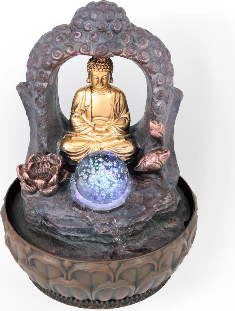 Zimmerbrunnen mit LED-Beleuchtung, Dekobrunnen Buddha mit Lotusblüte für die Wohnung