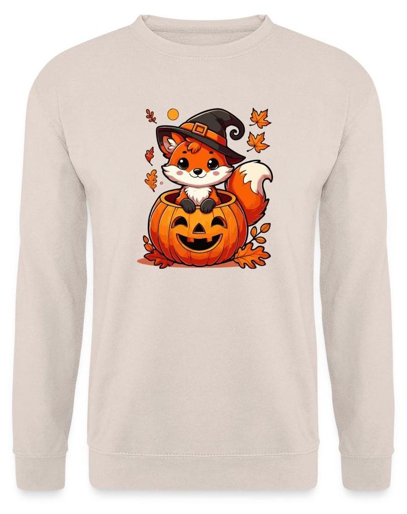 Spreadshirt Süßer Halloween Fuchs Im Kürbis Mit Hexenhut Uni Pullover, L, Sand