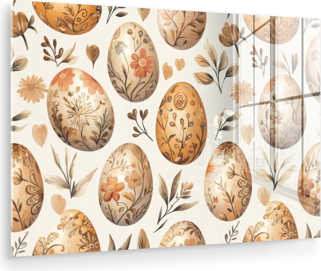 MuchoWow Glasbilder - Bilder auf Wandbild - Foto auf Glas Ostereier - Braun - Blumen 90x60 cm Wanddekoration aus Glas - Acrylglasbild - Acrylbilder...