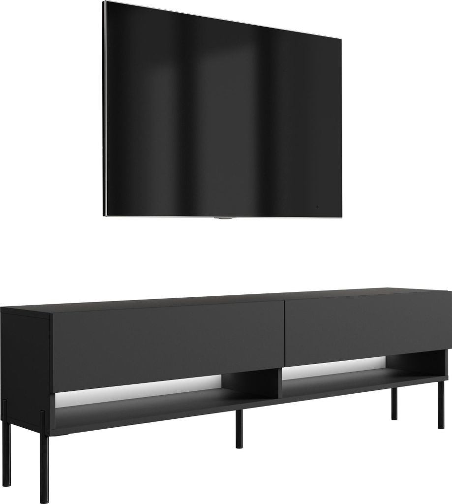 TV-Lowboard 170 cm Mattschwarz, gerade schwarze Beine, weiße LED, 170 × 32 × 52 cm
