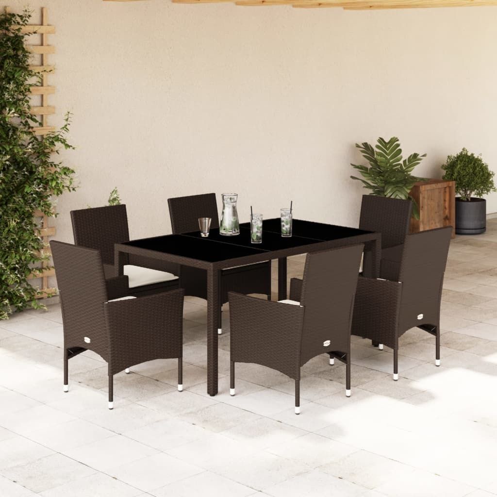 Maison Exclusive - 7-tlg. Garten-Essgruppe mit Kissen Braun Poly Rattan und Glas