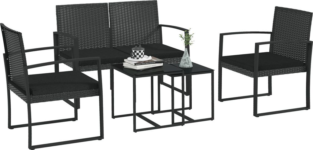 Outsunny Gartenmöbel-Set aus synthetischem Rattan, 5-teiliges Outdoor-Sofa-Set mit 2 Einzelsofas, 1 Doppelsofa und 2 Couchtischen für Terrasse, T...