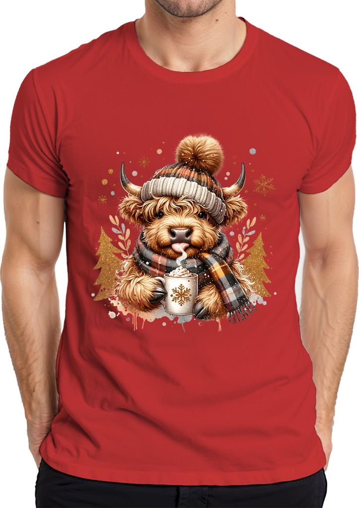 Highland Kuh Bommel Schal Becher Winter Weihnachten Geschenk Herren T-Shirt, Rot, M