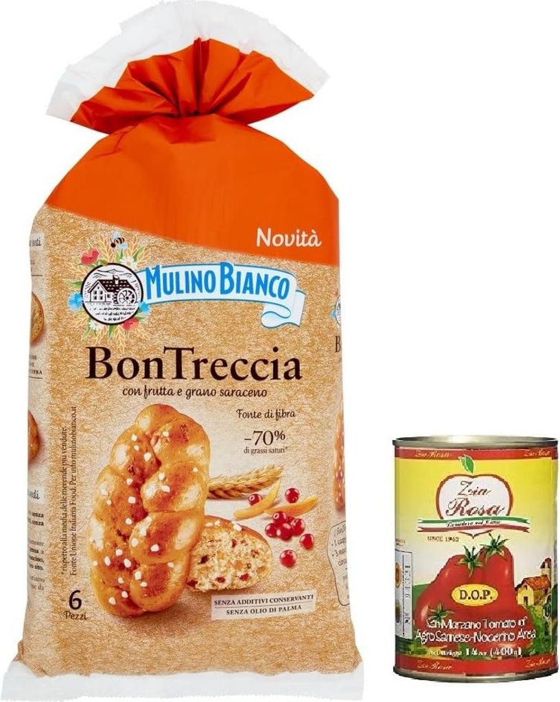 3x Mulino Bianco Bontreccia, Vollkornbrot mit Preiselbeeren und Buchweizen 225g + Zia Rosa DOP Pomodoro San Marzano Dose von 400g