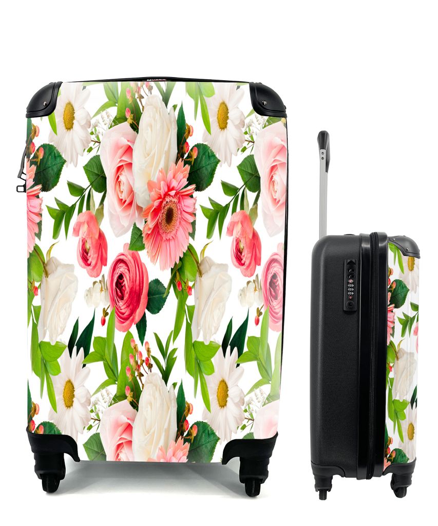 MuchoWow Koffer Handgepäck Trolley Rollkoffer Kleine Reisekoffer mit 4 Rollen - Blumen - Gerbera - Collage - Pastell - Cabin Size < 55x40x23 cm ...