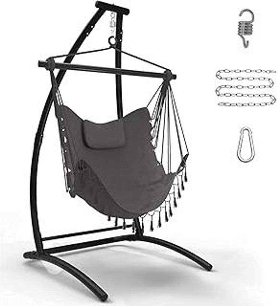 C Type Hängesessel mit Gestell, Schwarz Hängemattengestell und Grau Hängeschaukel, Stoffschaukel mit Bequemen Kissen, Hängesessel Outdoor, Hän...