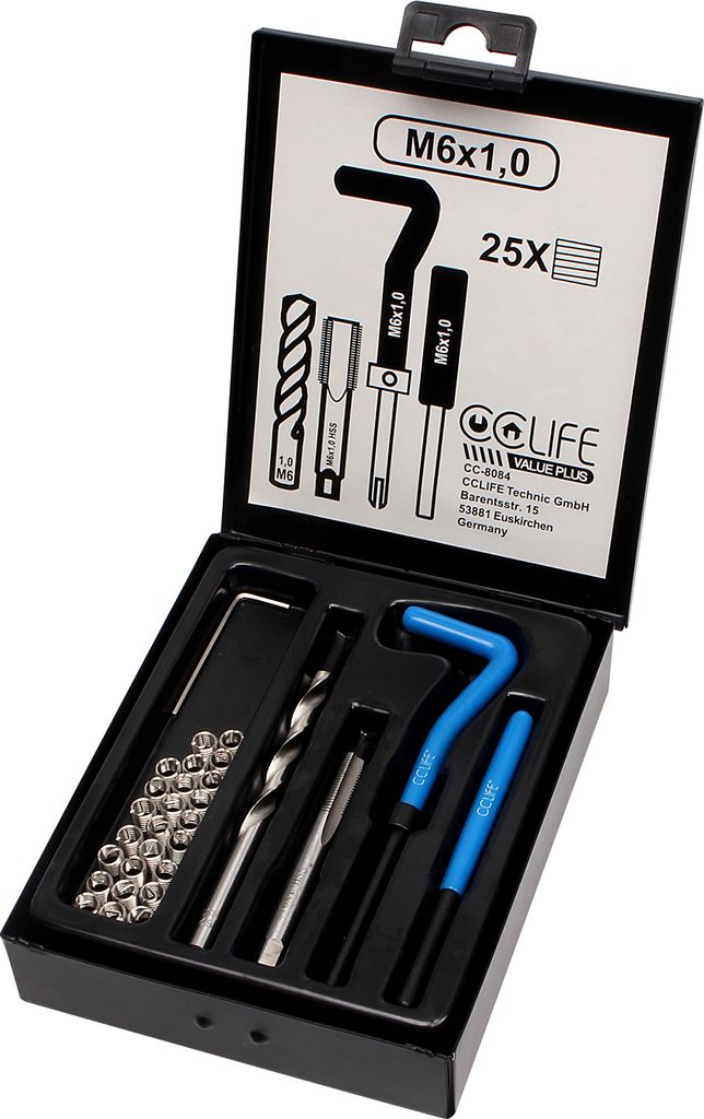 CCLIFE Gewinde Reparatur Satz Gewindeeinsätze Gewindehülse M5 M6 M8 M10 M12 M14 M16 HSS, Größe:M6 X 1.0 | 25tlg Einsätze