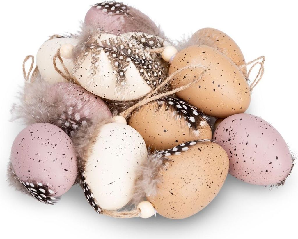 12x Deko-Eier zum Aufhängen, 6cm – Osterdeko in Wachtelei-Optik mit Federn & Holzperle – Kunststoff, bruchsicher – Hängedeko für Osterstra...