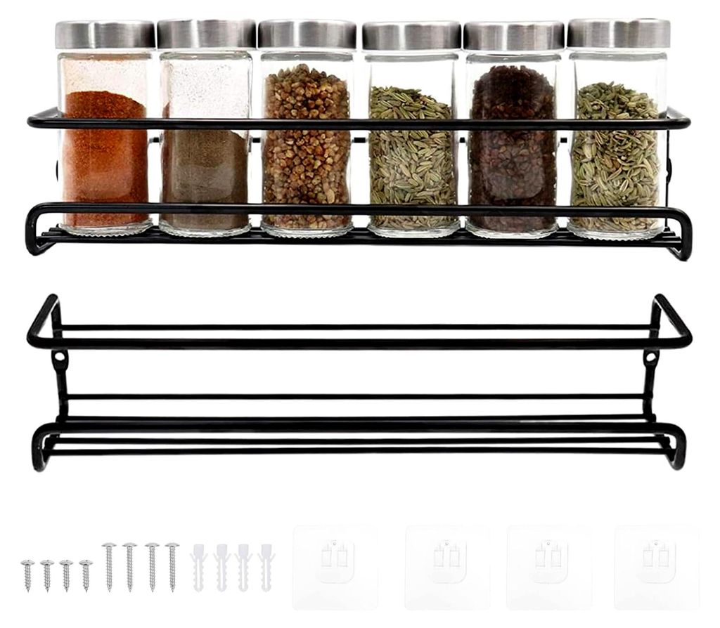2 Stück Gewürzregal für die Wand, Küchenorganizer aus Kohlenstoffstahl, mit Selbstklebefunktion für Gewürzdosen, Küchenschrank, Speisekammer...
