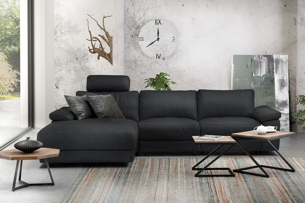 KAWOLA Sofa LOLA Ecksofa XL Leder schwarz mit motorischer Relaxfunktion Recamiere links