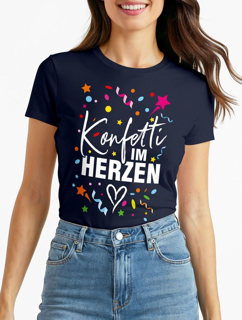 Damen T-Shirt Fasching Karneval Konfetti im Herzen Kostüm-Ersatz Verkleidung Funshirt Frauen Moonworks
