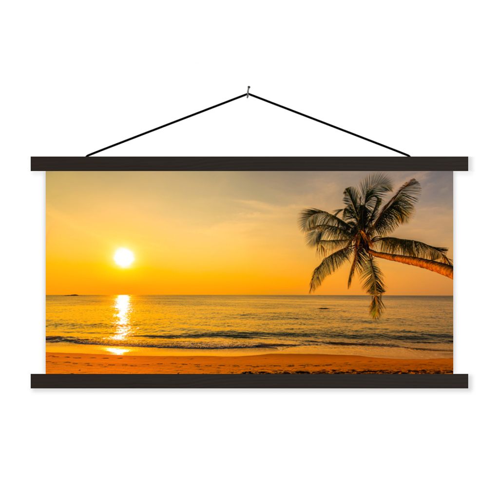MuchoWow Textilposter Palme - Strand - Sonnenuntergang - Meer 60x30 cm mit schwarzem Rahmen - Textilien