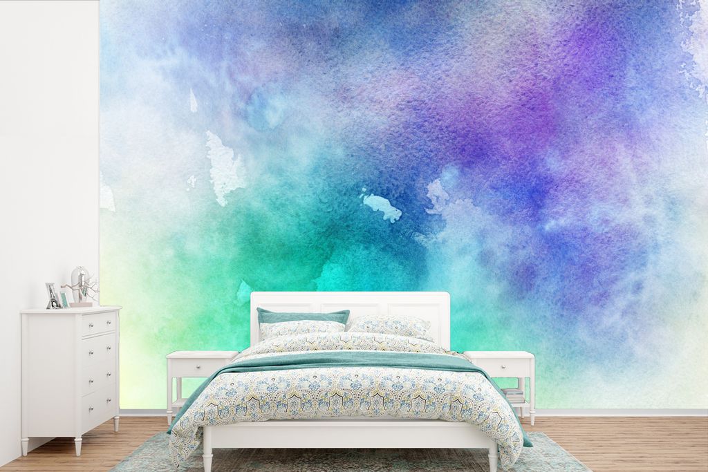 MuchoWow Fototapete für Wohnzimmer oder Schlafzimmer Wandtapete Vinyl Motivtapete Aquarell - Abstrakt - Lila - Blau - 420x280 cm - Zimmer für K...
