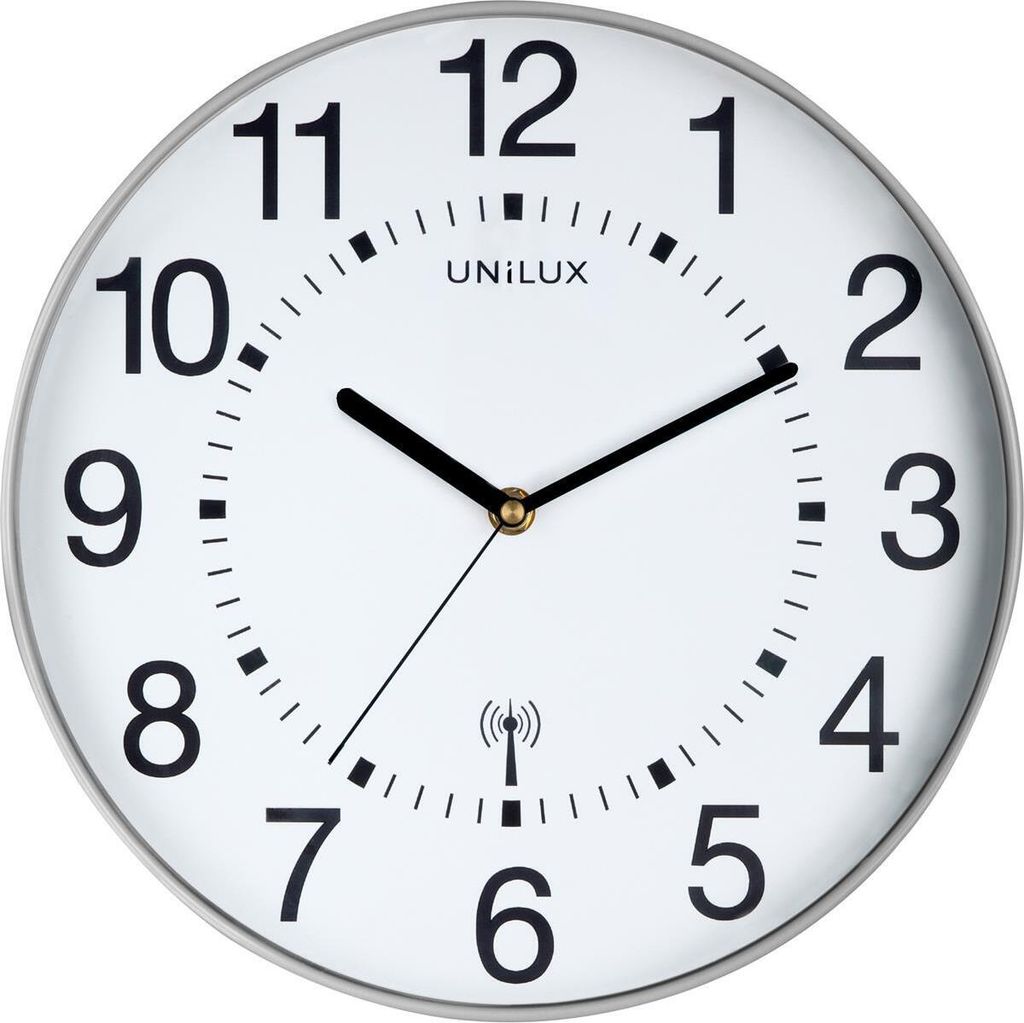 A white analog wall clock with black numbers and hands, featuring a silver frame.