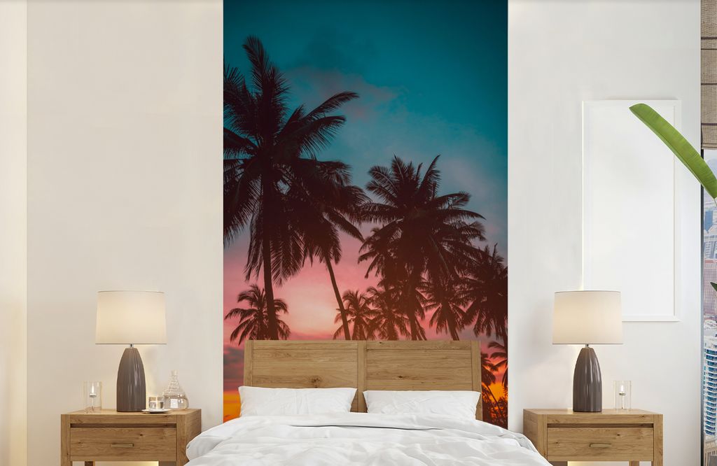 MuchoWow Fototapete für Wohnzimmer oder Schlafzimmer Wandtapete Vinyl Motivtapete Meer - Palme - Sonnenuntergang - Strand - Silhouette - 120x240...