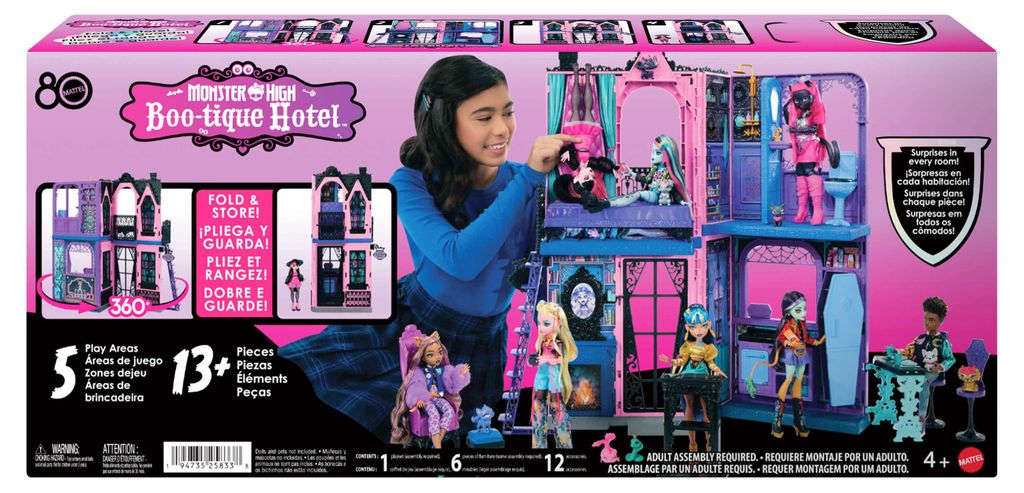 Mattel Monster High Buh-tique Hotel Puppenhaus mit gruseligen Überraschungen in jedem Raum und mehr als 13 Zubehörteilen
