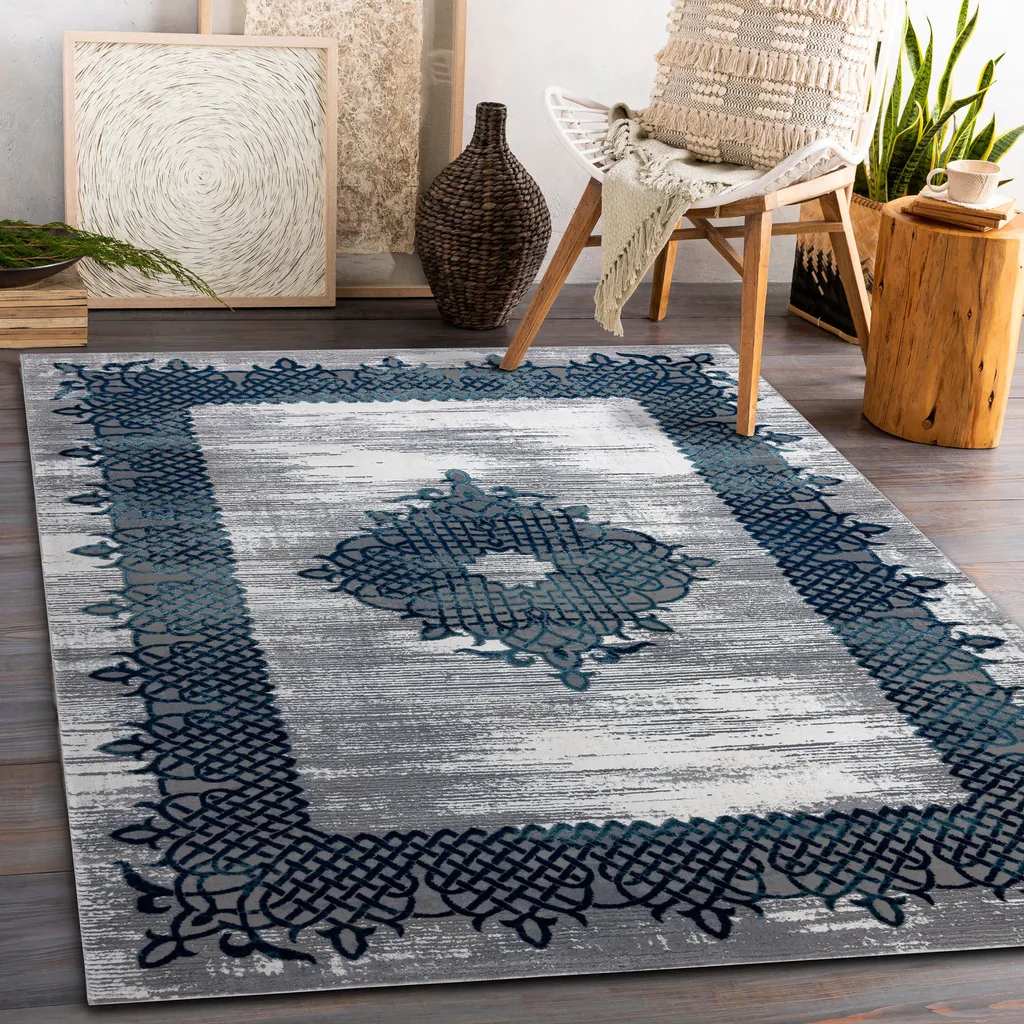 Tapis Bleu Gris Structure Double Niveau Relief Rosette 120x170 cm - 5