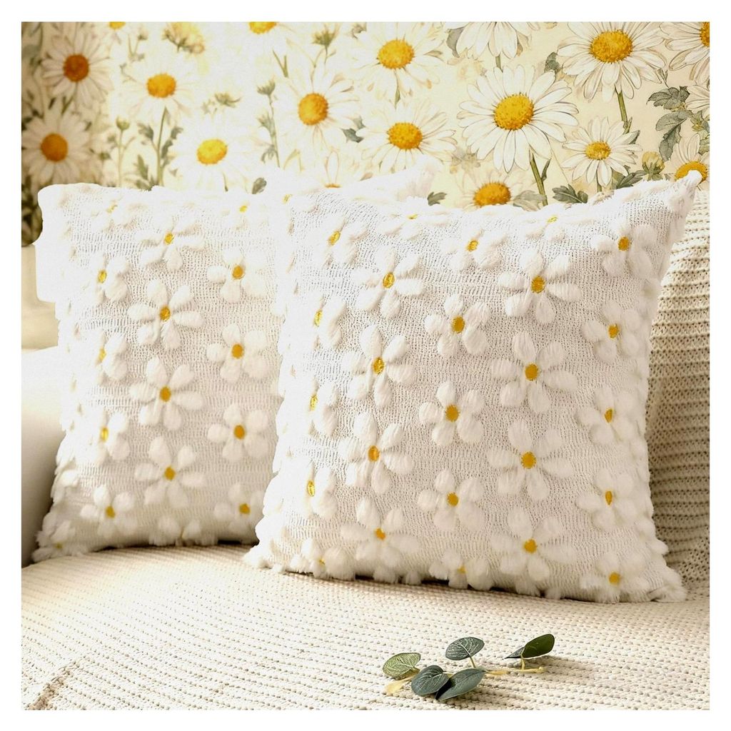 2 Stück Kissenbezug mit Gänseblümchen 45x45cm Weicher Plüsch Zierkissenbezüge für Couch, Sofa, Wohnzimmer, Garten, Schlafzimmer & Outdoor