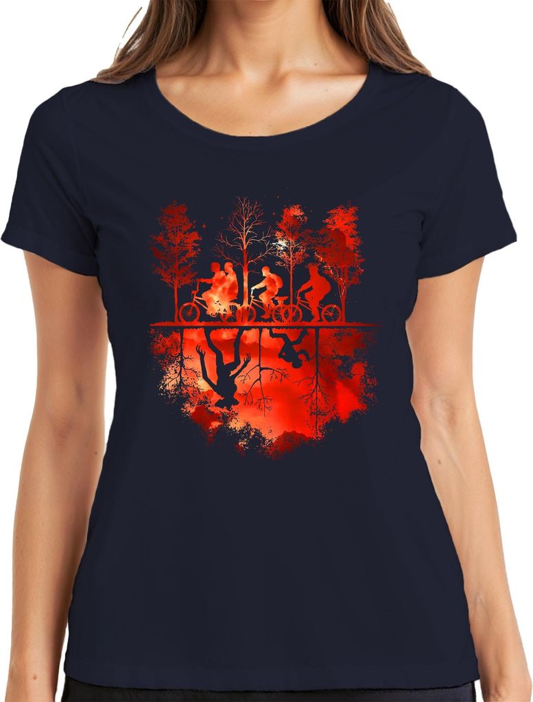 Upside Down Fahrräder Kinder Wald Monster Horror 80er Retro Damen T-Shirt, Navy, XXL