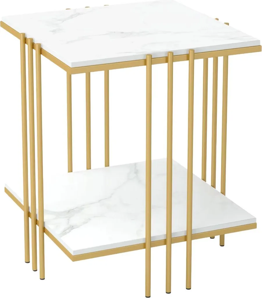 Table de salon carrée marbrée avec étagère de rangement et pieds dorés