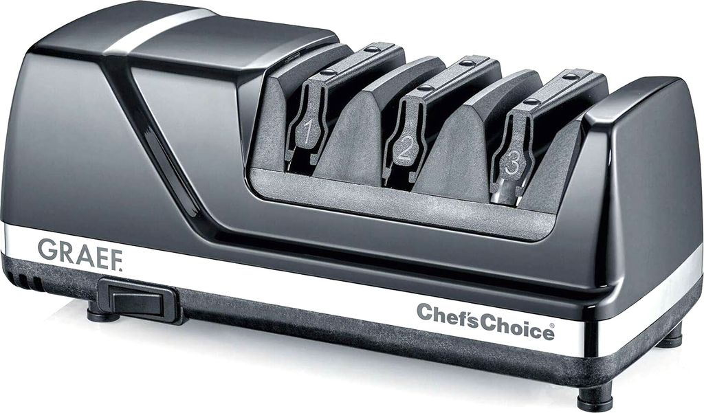A studio shot of a black electric knife sharpener.