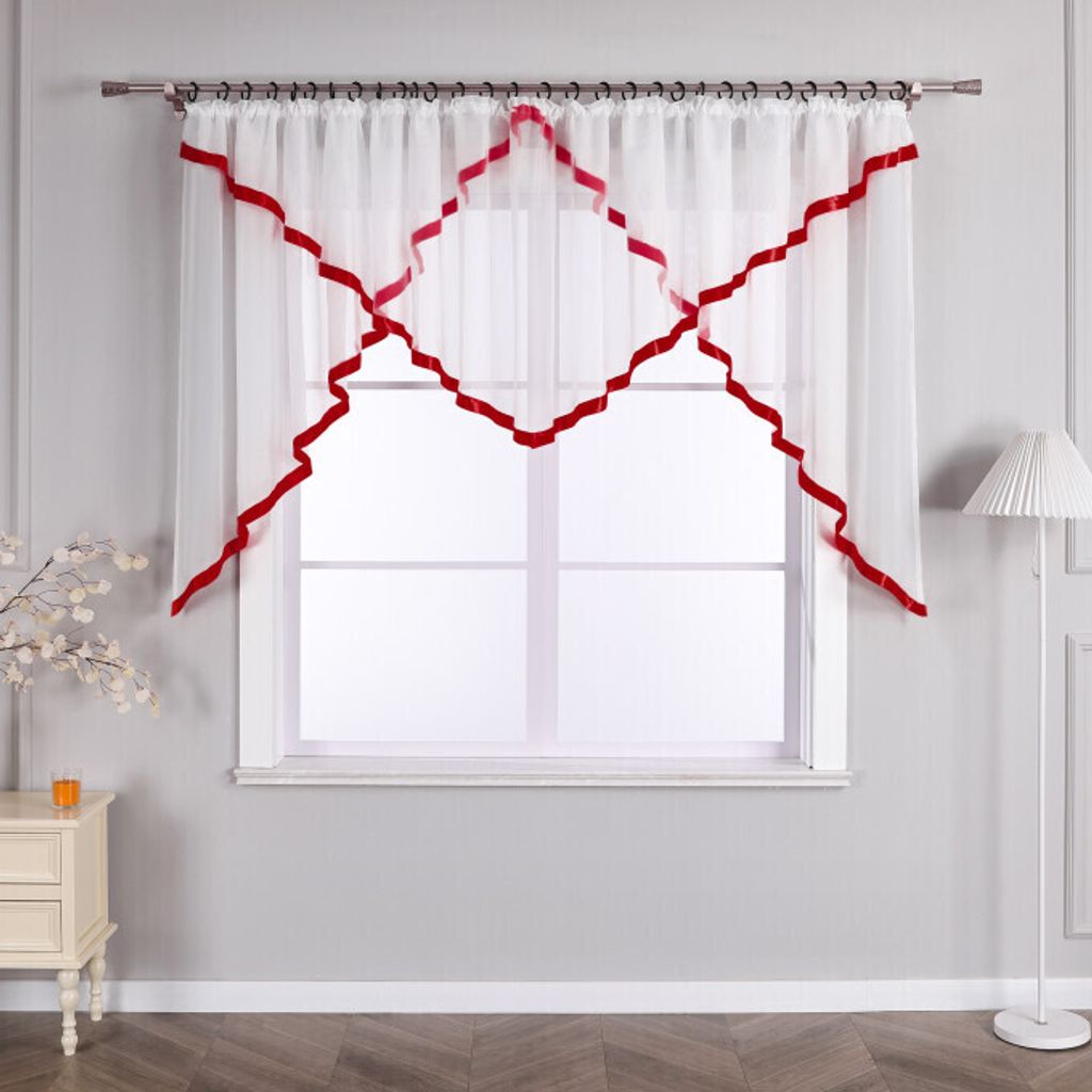 Joyswahl Scheibengardine Kräuselband Voile Gardine mit Satinband transparent modern Vorhang 1 Stück Rot HxB 145x300 cm
