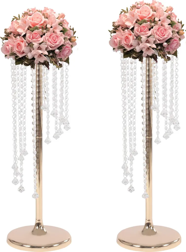 Lot de 2 Supports de Fleurs en Métal Or avec Cristal pour Mariage