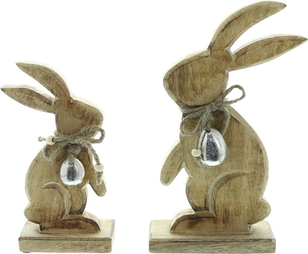 Holzdeko Osterhäschen, 2er Set, Mangoholz, Naturbelassen, Aluminiumguss, Jute, Höhe 20 cm und 26 cm