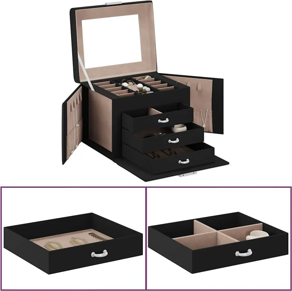 Portagioie Nero 4 Strati con Specchio e Serratura - Organizer Elegante