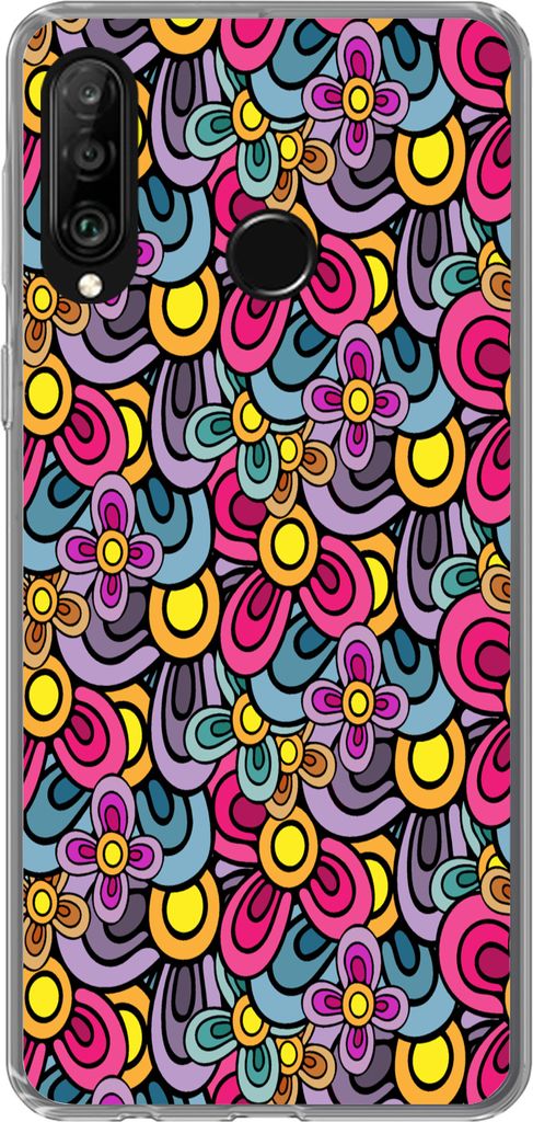 MuchoWow Handyhülle Schutzhülle Hülle für Telefoonhoesje Huawei P30 Lite Diagramm - Hippie - Blumen - Lila Silikon Softcase Handy Hülle - Ha...