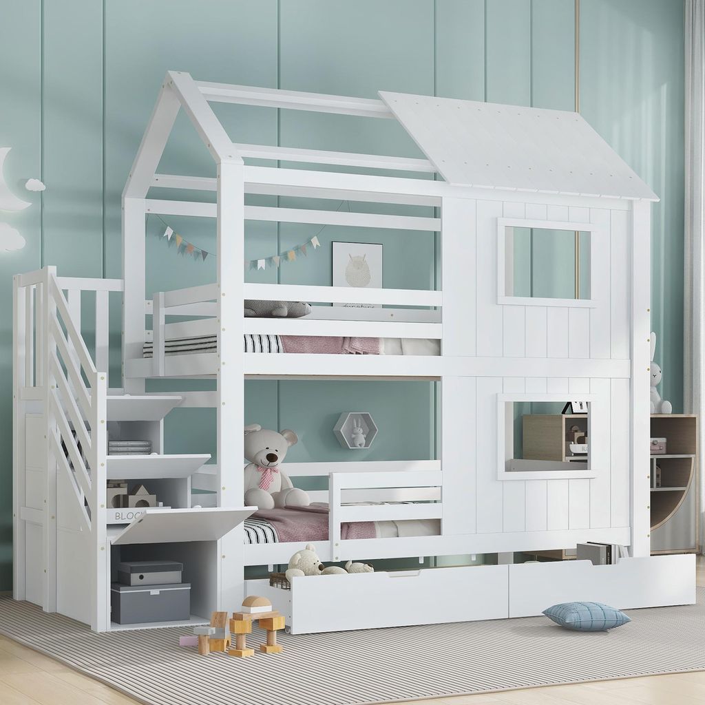 Sweiko stapelbed, kinderbed, trapkast met opbergvakken, Productafbeelding 