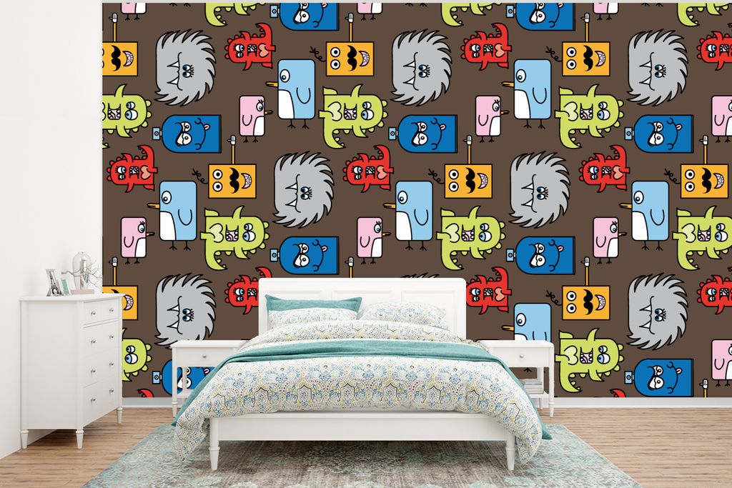 MuchoWow Fototapete für Wohnzimmer oder Schlafzimmer Wandtapete Vinyl Motivtapete Muster - Monster - Tiere - Kinder - Kinder - 295x220 cm - Wand...
