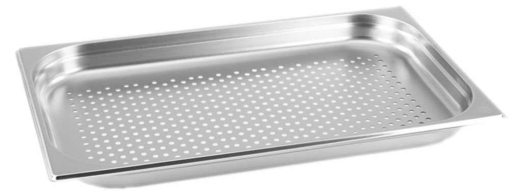 A single, perforated stainless steel food pan.