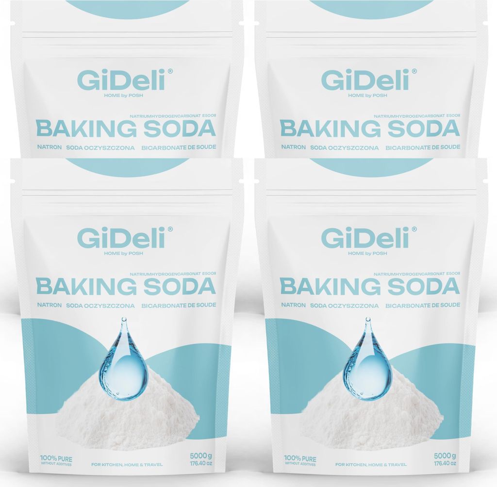 Four bags of baking soda are arranged in a 2x2 grid against a white background.