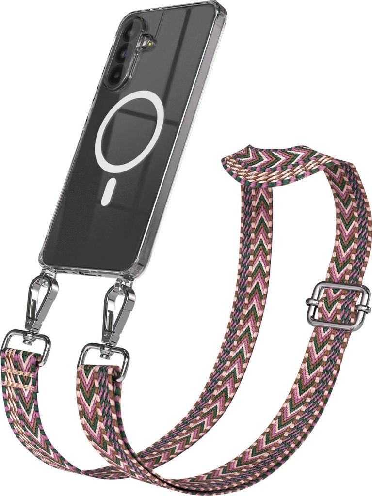 EAZY CASE - Handykette mit MagSafe Hülle für Samsung Galaxy A56, Handyband ZigZag Style,Karabiner Silber, Umhängeband in Dunkelrot