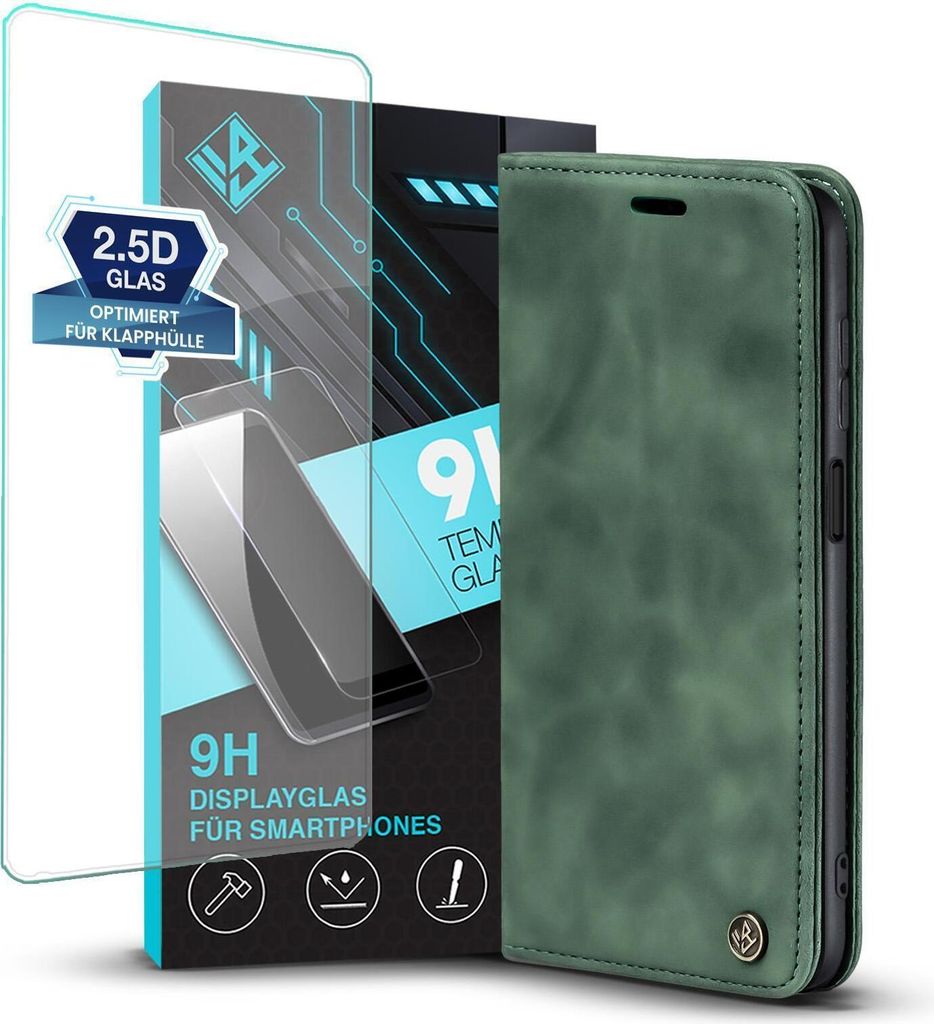 Handy Hülle für Samsung Galaxy A25 5G mit 9H Displayglas Klapphülle Bookcase Flip Cover Handy Tasche Etui Farbe: Grün
