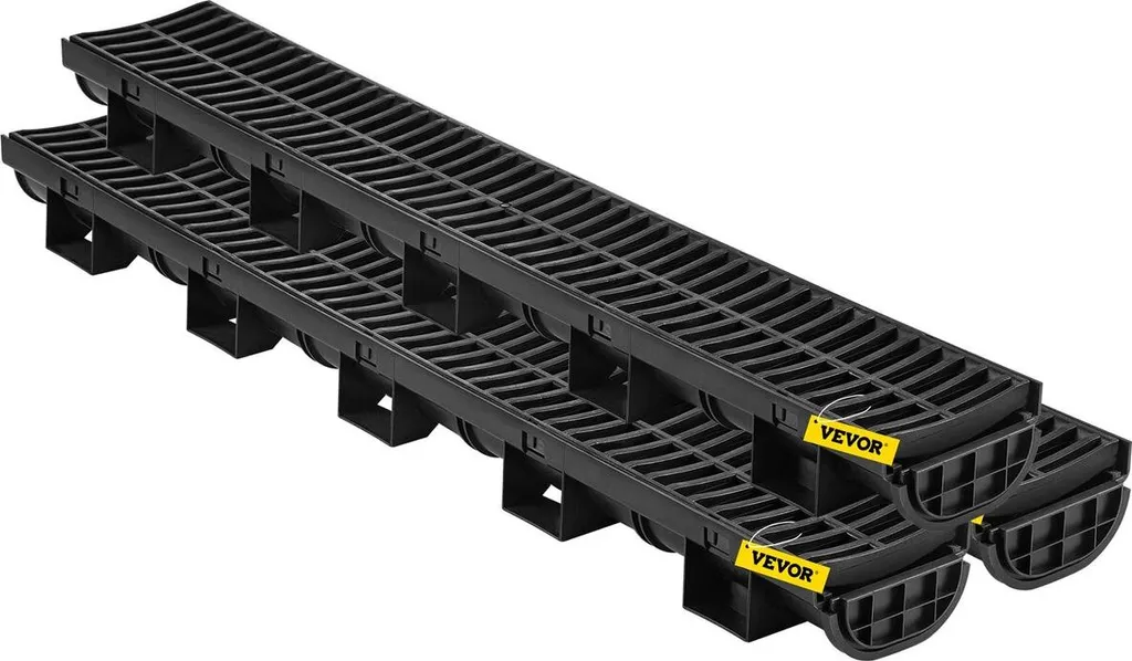 Sistema di drenaggio a fossa, canale di scolo con griglia in plastica, fossa di drenaggio in HDPE 145x79 mm, scarico per pavimento garage in plastica nera, griglia per fossa di drenaggio 3x39, con 3 tappi terminali, per giardino, vialetto - confezione da 3 - 9